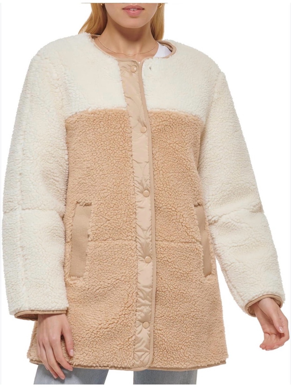 Levi's Midlength Sesame Two-Tone Sherpa Coat in Cream & Tan Small LN